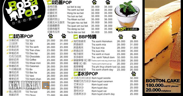 Menu quán trà sữa